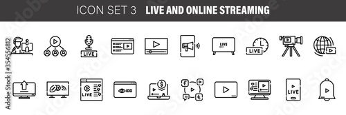 Set live and online streaming vector line icons, sign and symbols in flat design blogging, marketing and business with elements for mobile concepts and web apps.