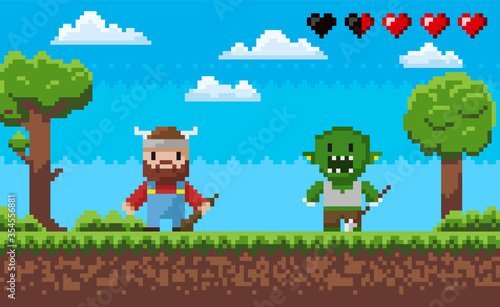 Character in pixel game vector, viking defeating troll, hearts as symbol of life, 8 bit design, retro style of gaming process, landscape scenery pixelated