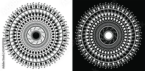 black and white round ornamental mandala design isolated on black and white background