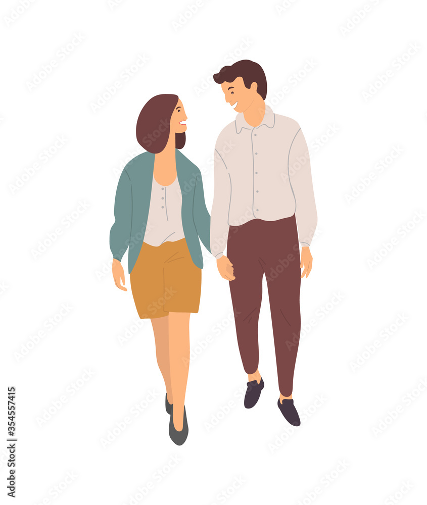 Smiling dating couple walking together isolated people. Vector young cartoon characters on walk, happy just married lovers holding hands spend time together Smiling dating couple walking together isolated people. Vector young cartoon characters on walk, happy just married lovers holding hands spend time together