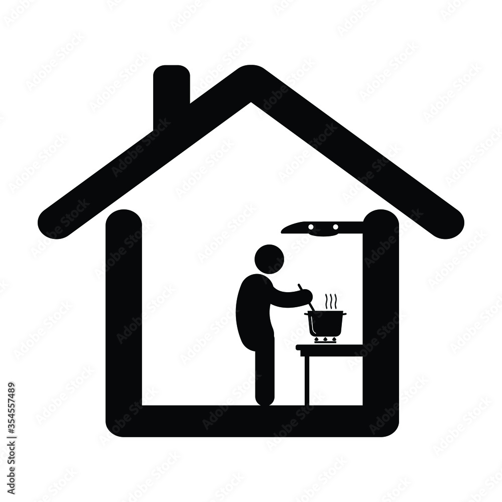 Cook at from home. Pictogram depicting man doing home cooking. Stay at home lockdown due to Covid-19. Black and white eps vector. Cook at from home. Pictogram depicting man doing home cooking. Stay at home lockdown due to Covid-19. Black and white eps vector.