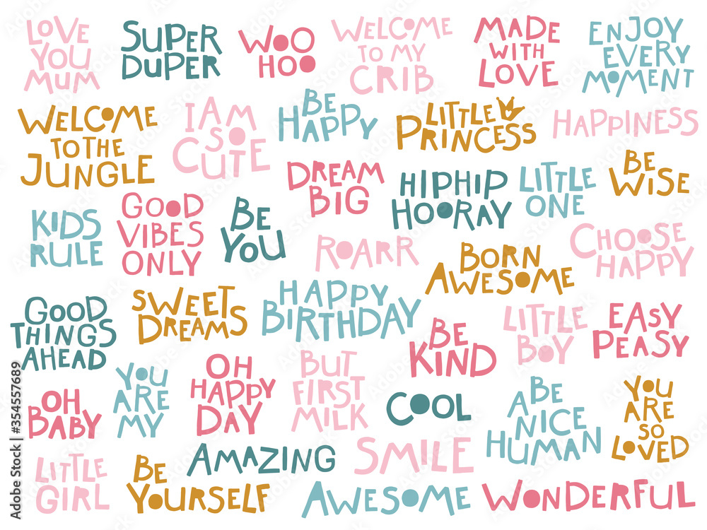 Fototapeta premium Childish lettering set. Many different phrases for postcards. Hand drawn letters in scandinavian style in vector. Pastel palette. Baby shower