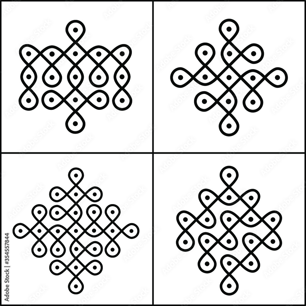 Set of four line art Rangoli design with circles, dots and curves ...