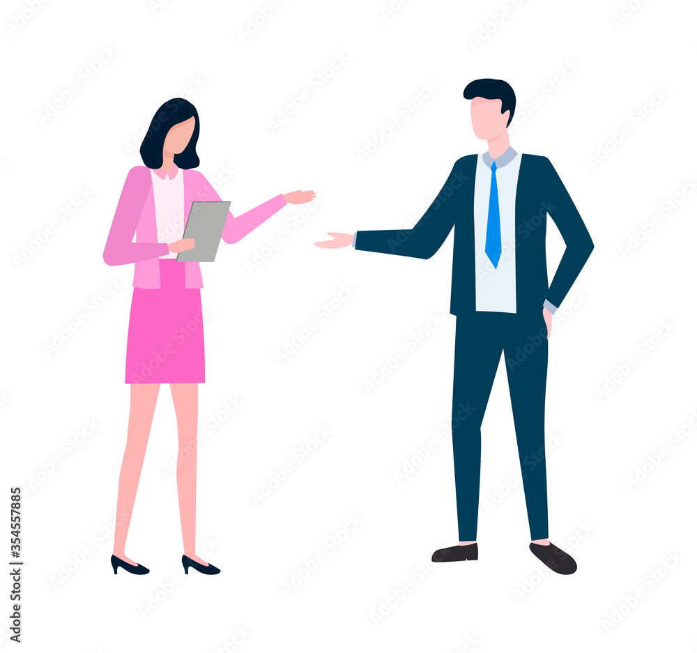 People at work vector, man and woman discussing details of business projects, businessman and secretary with documents, documentation paper flat style