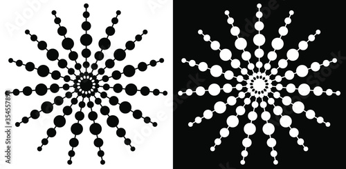 surrounded by Circles and Dots - Indian Traditional and Cultural Rangoli or Kolam Vector line art with dark and white background