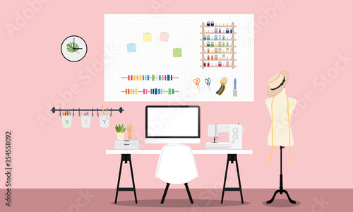 Flat illustration of creative workplace including sewing machine and fashion mannequin. Vector of Interior design for DIY work space studio.