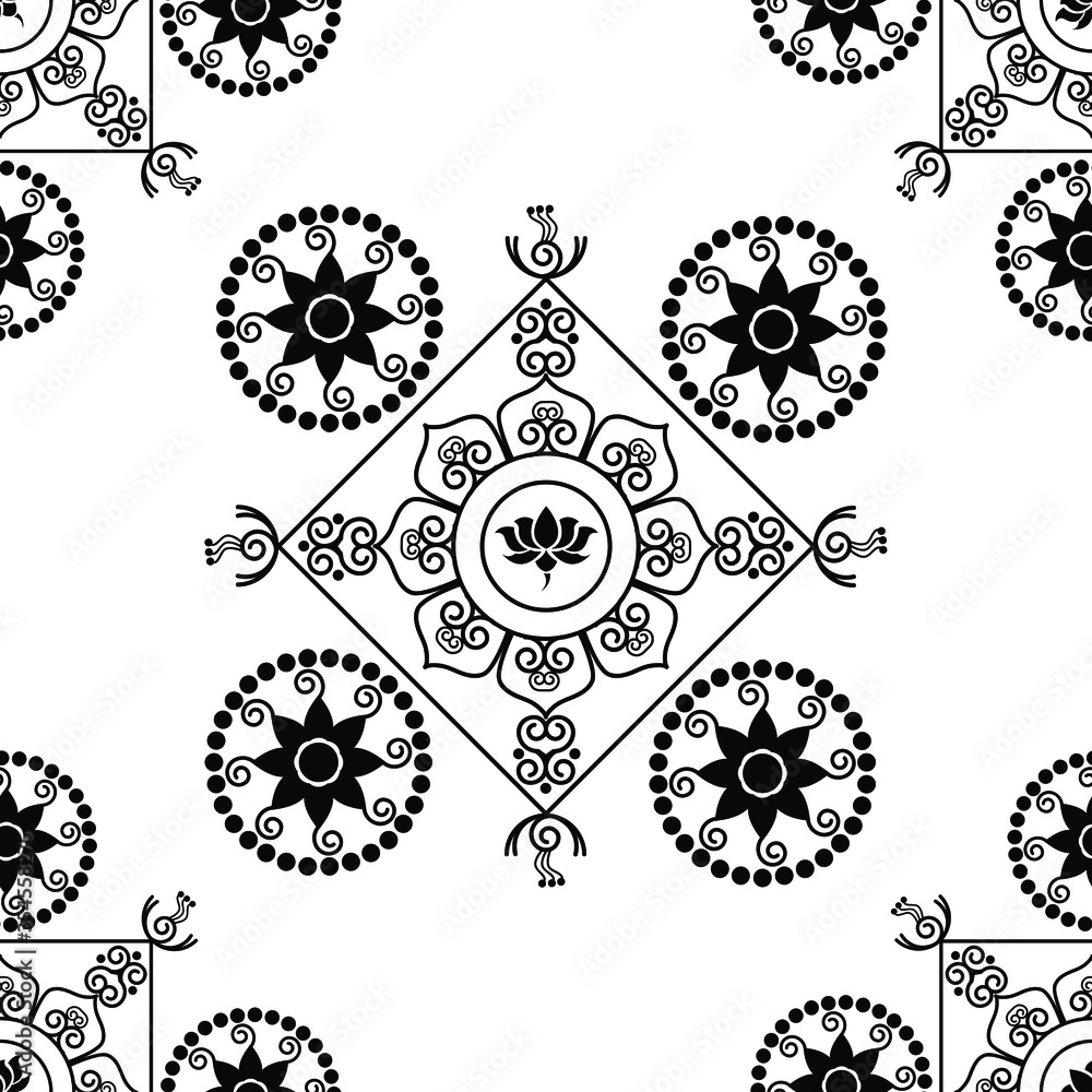 Indian traditional floral mandala design isolated on white background is in Seamless pattern 