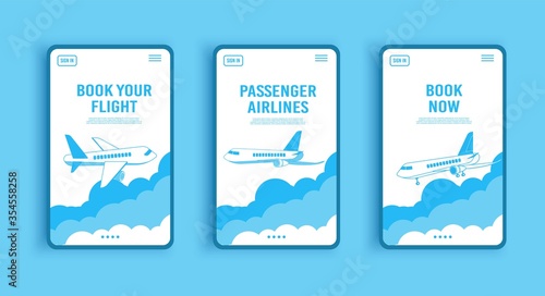 Airplane ticket template or landing page design, banner with flying airliner in sky