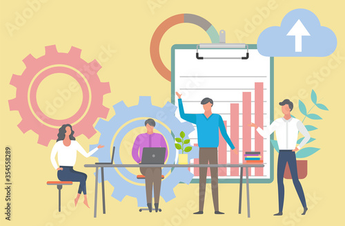 Company meeting business conference vector, boss and employees. Cogwheel with clipboard with infocharts, cloud with direction, house plant decoration