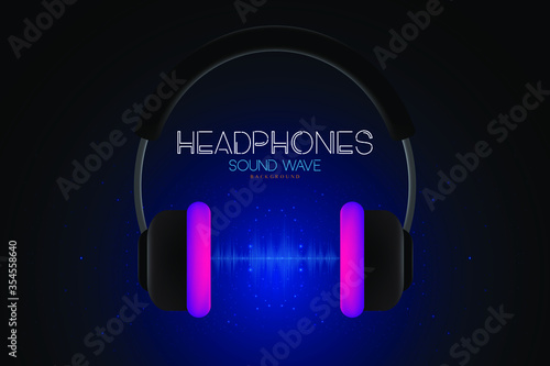 Abstract music background headphones and glowing sound waves. Vector illustration.