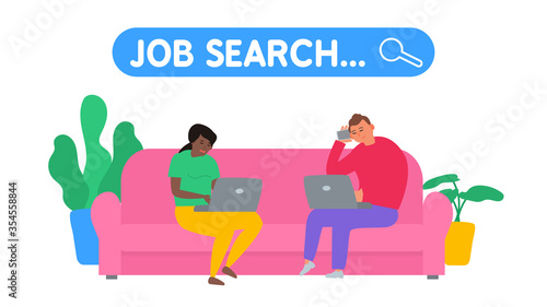 search job online man and woman sitting at home with laptop and browsing web internet vector illustration