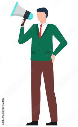 Announcement with megaphone, worldwide information, business advertisement. Male character holding speaking trumpet, public speech, speaker and bullhorn, international partnership, production vector