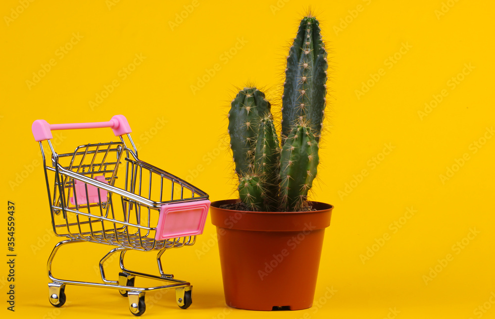 Shopping concept. Cactus in pot and supermarket trolley on yellow studio background. Minimalism Shopping concept. Cactus in pot and supermarket trolley on yellow studio background. Minimalism