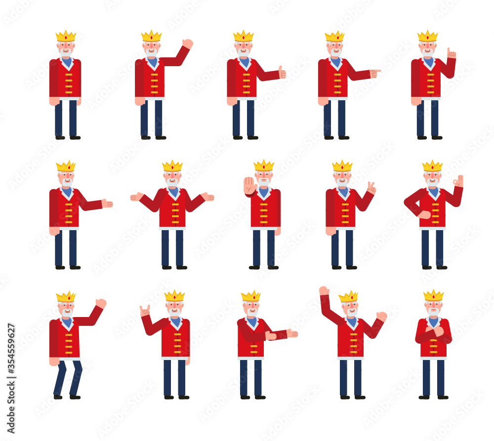 Old king characters in red robe showing various hand gestures. Minimal design vector illustration Old king characters in red robe showing various hand gestures. Minimal design vector illustration