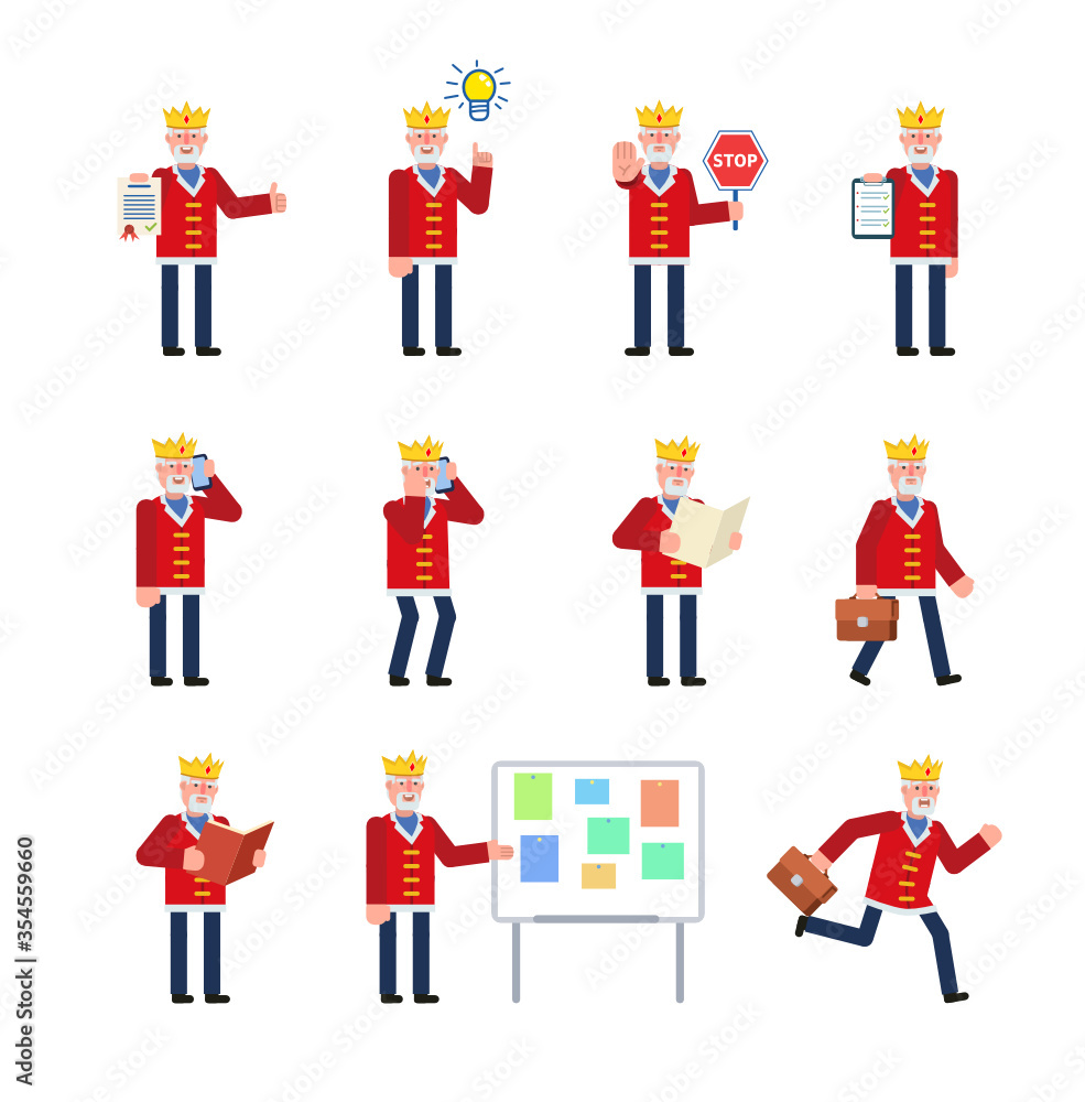 Set of old king characters in various situations. King in red robe holding stop sign, document, reading book and showing other actions. Minimal design vector illustration Set of old king characters in various situations. King in red robe holding stop sign, document, reading book and showing other actions. Minimal design vector illustration