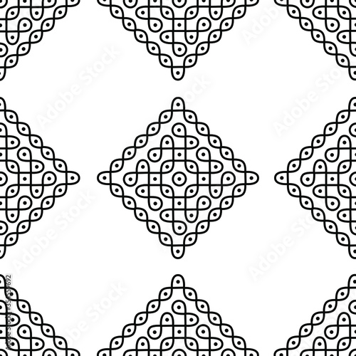 Indian traditional and Cultural Rangoli or kolam design concept of curved lines and dots isolated on white background is in Seamless pattern