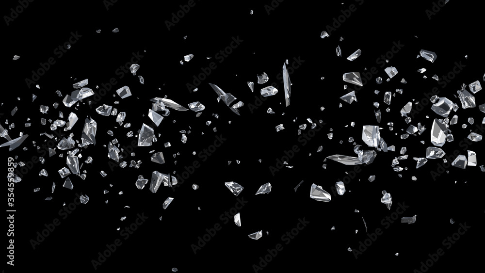 Glass mirror breaked shatter with debris super slow motion. Macro camera 3d illustration. - obrazy, fototapety, plakaty 