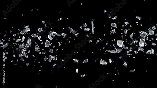 Glass mirror breaked shatter with debris super slow motion. Macro camera 3d illustration.