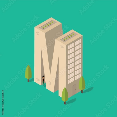 Isometric building with alphabet M
