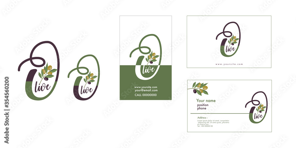 Set of Olive oil logo and card design for business. Extra virgin olive oil.