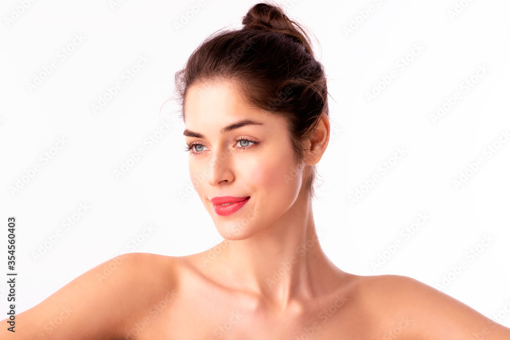Beauty shot of attractive woman with red lipstick posing at isolated white background Beauty shot of attractive woman with red lipstick posing at isolated white background