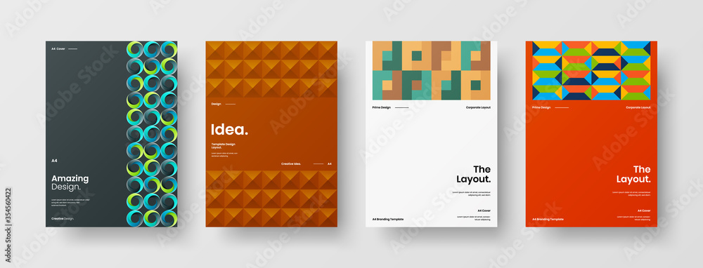 Company identity brochure template collection. Business presentation vector A4 vertical orientation front page mock up set. Corporate report cover abstract geometric illustration design layout bundle.