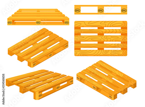 Wooden pallets. Top, front, side, perspective and isometric views of wooden pallet objects set. Platforms for freight transportation collection. Cargo logistics and distribution