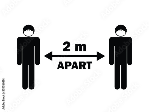 Social Distancing two 2 meters m apart from others. Black and white stick figures with face mask. Covid-19 pandemic guideline. EPS Vector