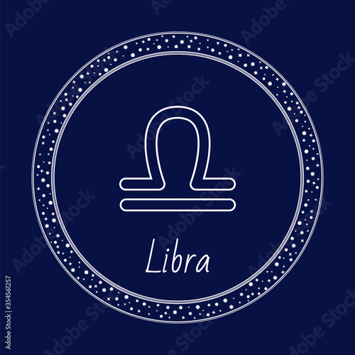 Libra constellation of zodiac, astrology sign isolated on blue in circle with stars. Vector weighing scales, Unicode symbol. Illustration of zodiac horoscope symbol in round circle with diamond