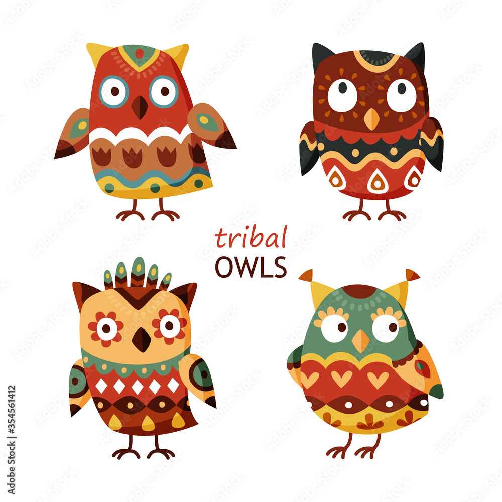 Set of cute indian owl. Collection of tribal owls on white background. Colorful animal characters for graphic design logo or decoration. Vector illustration in cartoon style Set of cute indian owl. Collection of tribal owls on white background. Colorful animal characters for graphic design logo or decoration. Vector illustration in cartoon style