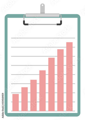 Clipboard with information in visual representation vector, infochart with growing tables. Paper document presentation of success and business achievement