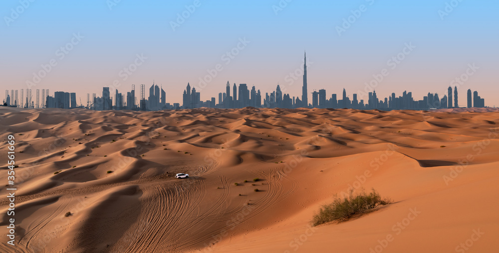 Dubai skyline and desert landscape. - obrazy, fototapety, plakaty 