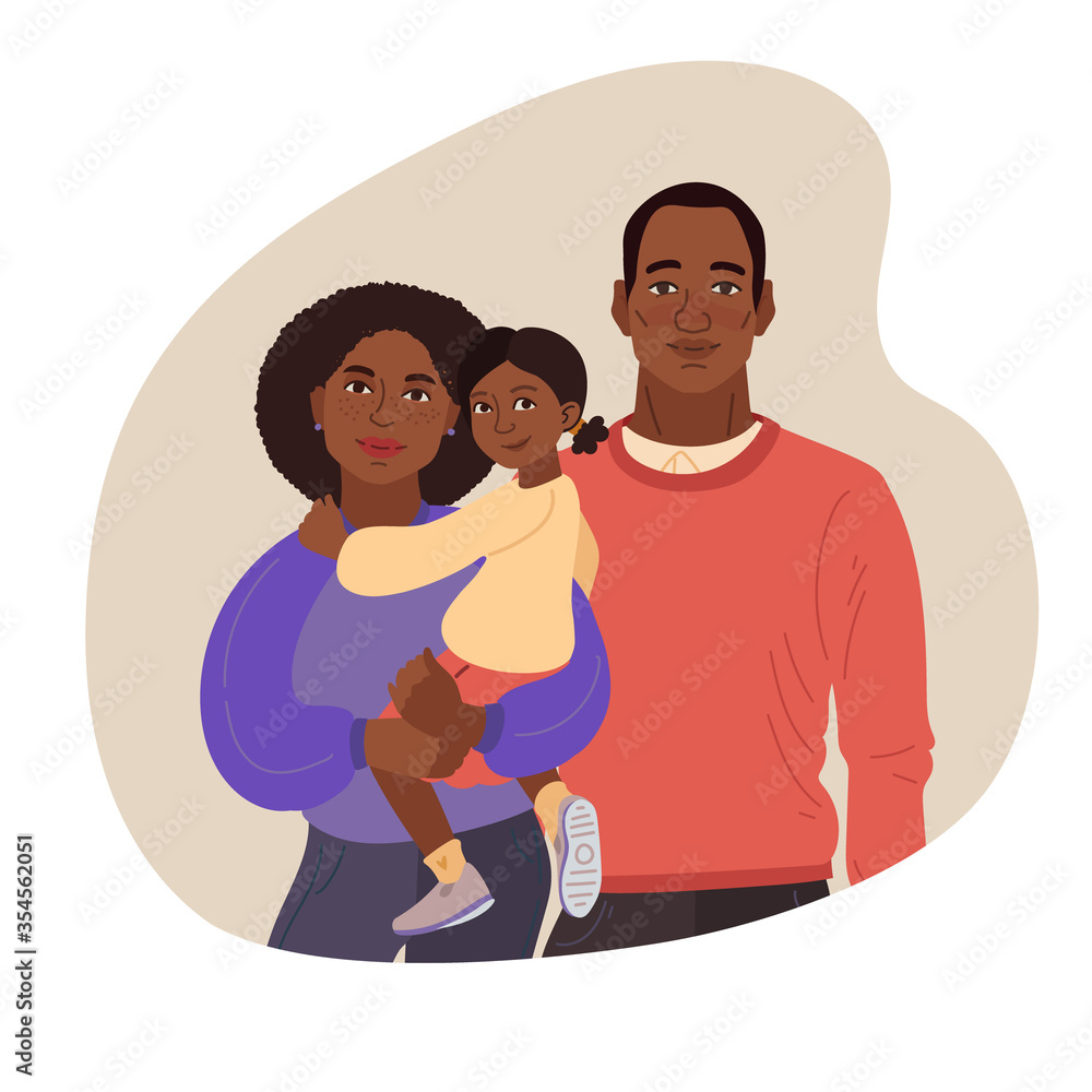 Young African-American family portrait.. Mom, dad and daughter. Vector illustration simple shapes.