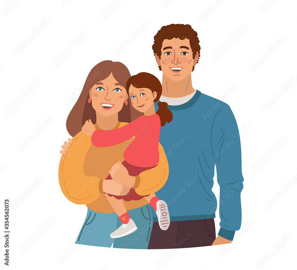 Young smiling family portrait.. Mother, father and little daughter. Vector illustration simple shapes.