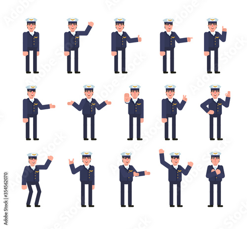 Set of airline pilot characters showing various hand gestures. Pilot pointing, greeting, showing thumb up, victory sign and other gestures. Minimal design vector illustration