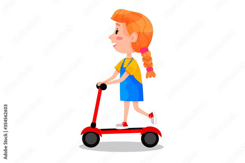 Happy girl riding on scooter vector cartoon illustration. Summer holidays outdoor activities for children. Vector illustration on white isolated background. Happy girl riding on scooter vector cartoon illustration. Summer holidays outdoor activities for children. Vector illustration on white isolated background.