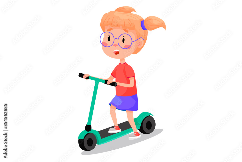 Happy girl riding on scooter vector cartoon illustration. Summer holidays outdoor activities for children. Vector illustration on white isolated background. Happy girl riding on scooter vector cartoon illustration. Summer holidays outdoor activities for children. Vector illustration on white isolated background.