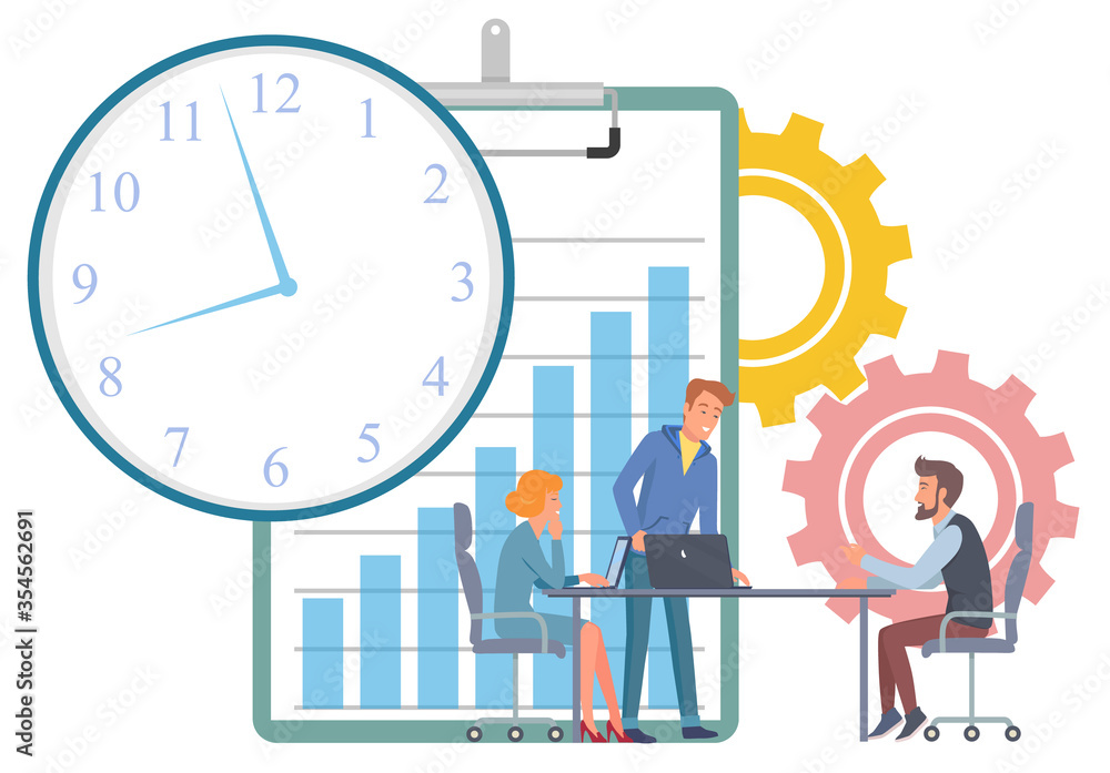 People gathered on meeting vector, business conference of workers. Boss and employees sitting by table, clock and cogwheel with time clock deadline