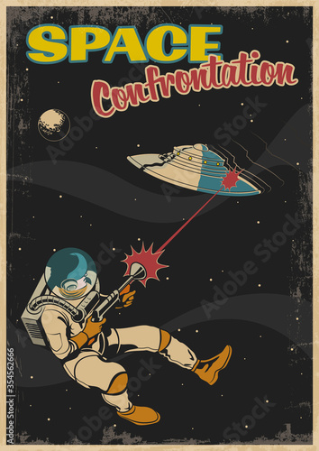 Space Confrontation Retro Comic Book Cover Stylization, Astronaut with Laser Gun against Flying Saucer, Retro Future Poster, Vintage Colors, Grunge Texture Frame 