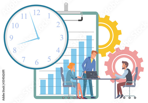 People gathered on meeting vector, business conference of workers. Boss and employees sitting by table, clock and cogwheel with time clock deadline