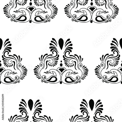 Black and white two peacocks with feathers isolated on white background is in Seamless pattern