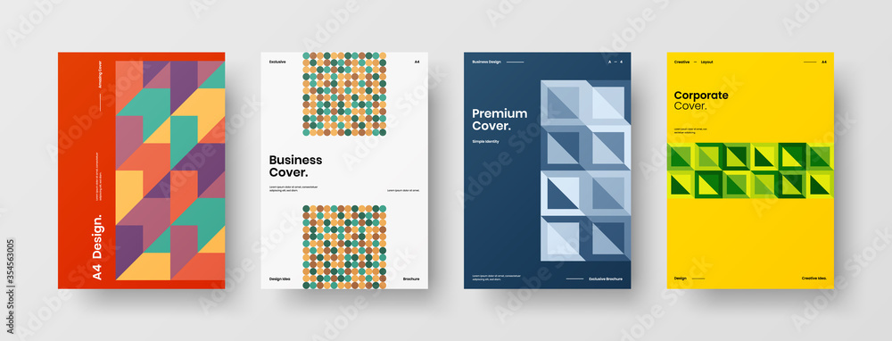 Fototapeta premium Company identity brochure template collection. Business presentation vector A4 vertical orientation front page mock up set. Corporate report cover abstract geometric illustration design layout bundle.