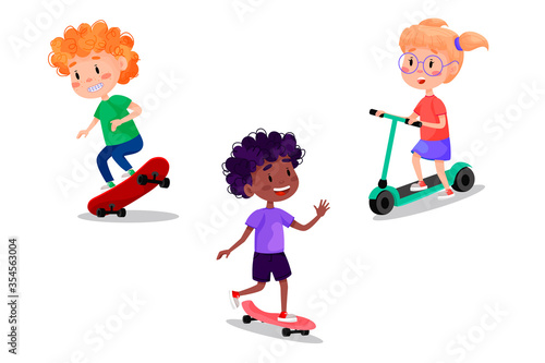 Vector set of happy kids riding skates, rollers, scooter and bike. Summer holidays outdoor activities for children. Vector illustration on white isolated background.