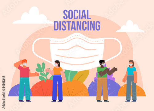 Social distancing poster. Group of people talk to each other while keeping safe distance. Minimal design vector illustration