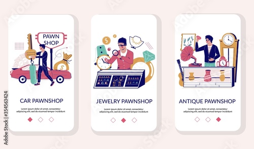 Pawnshop mobile app onboarding screens vector template
