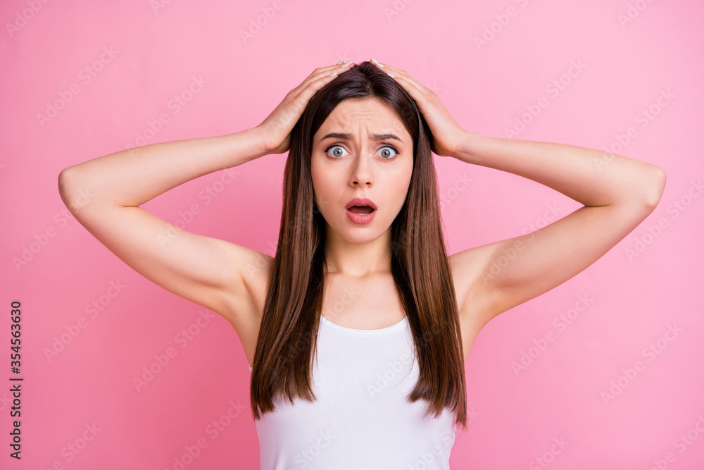 Close-up portrait of her she nice attractive lovely pretty charming nervous straight-haired girl worrying about world news epidemic pandemic isolated over pink pastel color background Close-up portrait of her she nice attractive lovely pretty charming nervous straight-haired girl worrying about world news epidemic pandemic isolated over pink pastel color background
