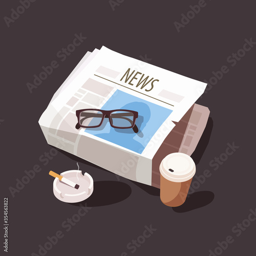 Newspaper. Coffee. Cigarette in the ashtray. Creased newspaper. Periodical paper with various articles. Printed media sheet with pictures. Vector illustration in flat cartoon style.