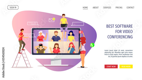 Website for Video conferencing, Online meeting, Work at home, Distance learning, communication. Group of people talking by internet. Vector illustration for poster, banner, advertising, flyer.