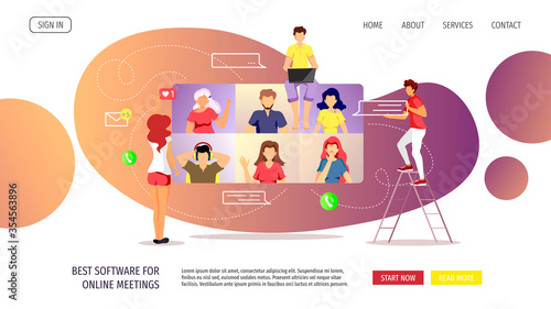 Website for Video conferencing, Online meeting, Work at home, Distance learning, communication. Group of people talking by internet. Vector illustration for poster, banner, advertising, flyer.