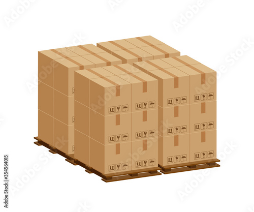 pile crate boxes 3d on wooden pallet, wood pallet with cardboard box in factory warehouse storage, cardboard parcel boxes stack of warehouse factory, packaging cargo, boxes brown isolated on white © cgdeaw